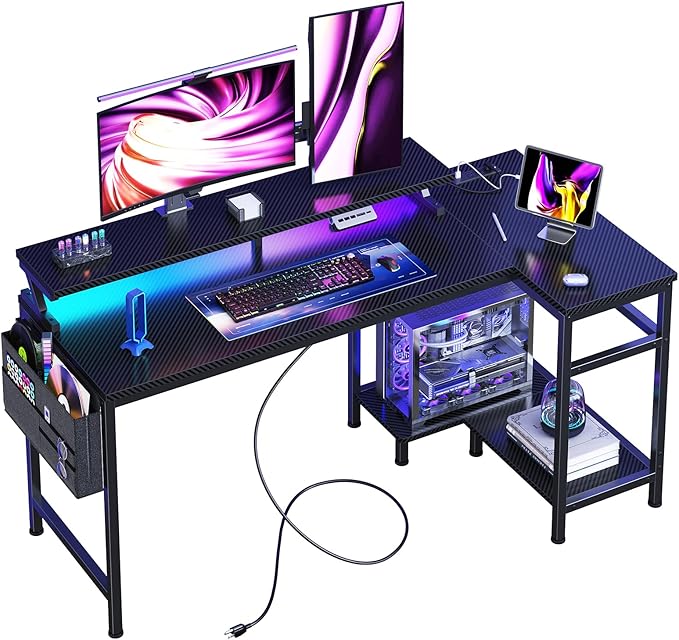 DUMOS Gaming Desk, Computer Desk with USB Charging Ports, Power Outlets, Type-C and LED Lights, Reversible L Shaped Desk with Storage Shelves & Monitor Stand for Office Gaming Room Black 48IN