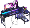 DUMOS Gaming Desk, Computer Desk with USB Charging Ports, Power Outlets, Type-C and LED Lights, Reversible L Shaped Desk with Storage Shelves & Monitor Stand for Office Gaming Room Black 48IN