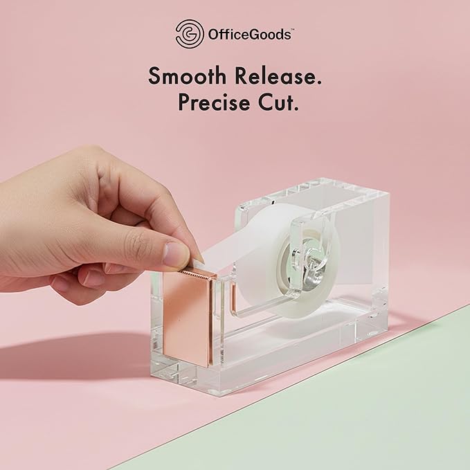OfficeGoods Acrylic Tape Dispenser – Modern Desk Organizer for Office Supplies, Heavy Duty Refillable Tape Holder for Home and School Crafting, Stylish Desktop Accessory for Gift Wrapping, Rose Gold