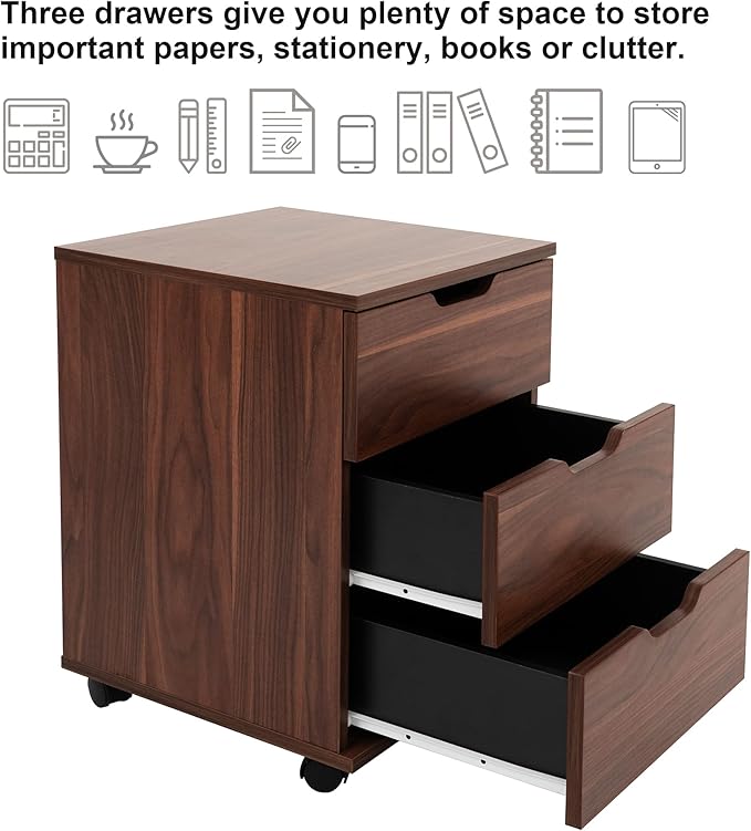 Farini 3-Drawer Vertical Filing Cabinet Rolling Wood Mobile File Cabinets Under Desk for Home Office with Casters,Brown,Fully-Assembled