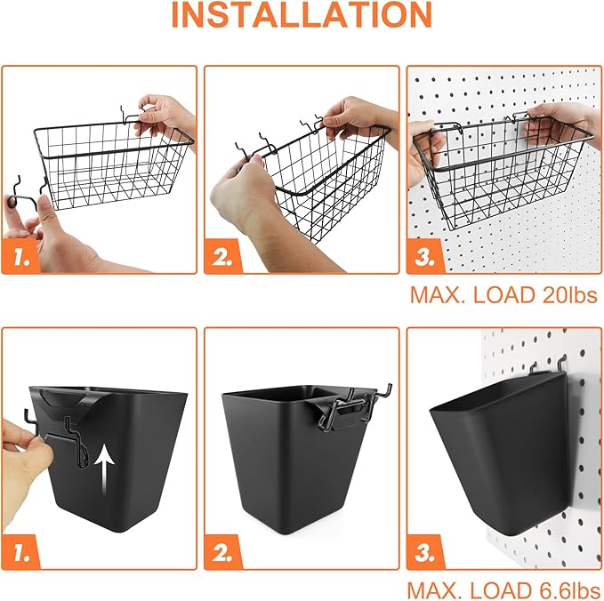 Pegboard Basket Organizers, Peg Board Large Baskets Hooks Bins Cups Tool Organizer 6 Pack Set, Wall Storage Display Hanging Accessories for Craft Office Stadio Shed Garage Organization (Black & Black)