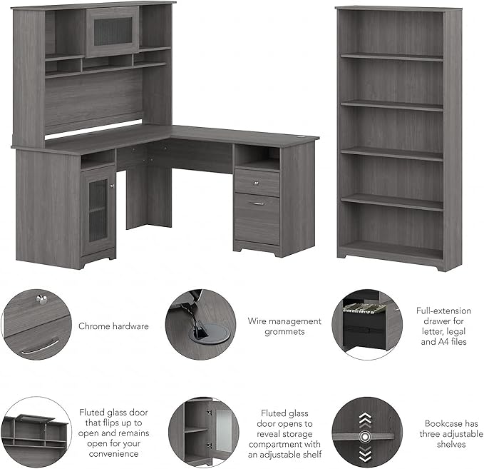 Bush Home Cabot 60W L Shaped Computer Desk with Hutch and 5 Shelf Bookcase in Modern Gray