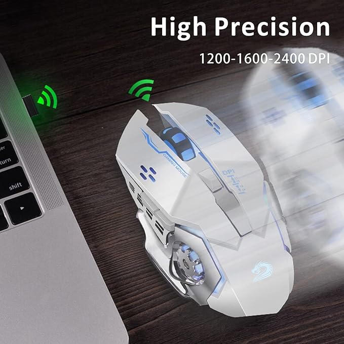 Uciefy Q85 Rechargeable Wireless Gaming Mouse, 2.4G LED Optical Silent Wireless Computer Mouse with 4 LED Light, 3 Adjustable DPI, Ergonomic Design, Auto Sleeping (Silver)