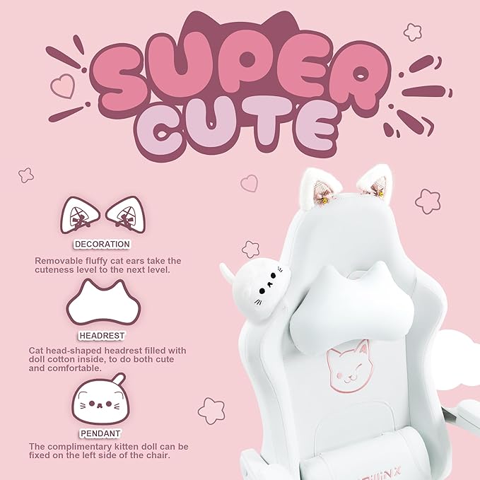 Dowinx Gaming Chair Cute with Cat Ears and Massage Lumbar Support, Ergonomic Computer Chair for Girl with Footrest and Headrest, Comfortable Reclining Game Chair 290lbs for Adult, Teen, White