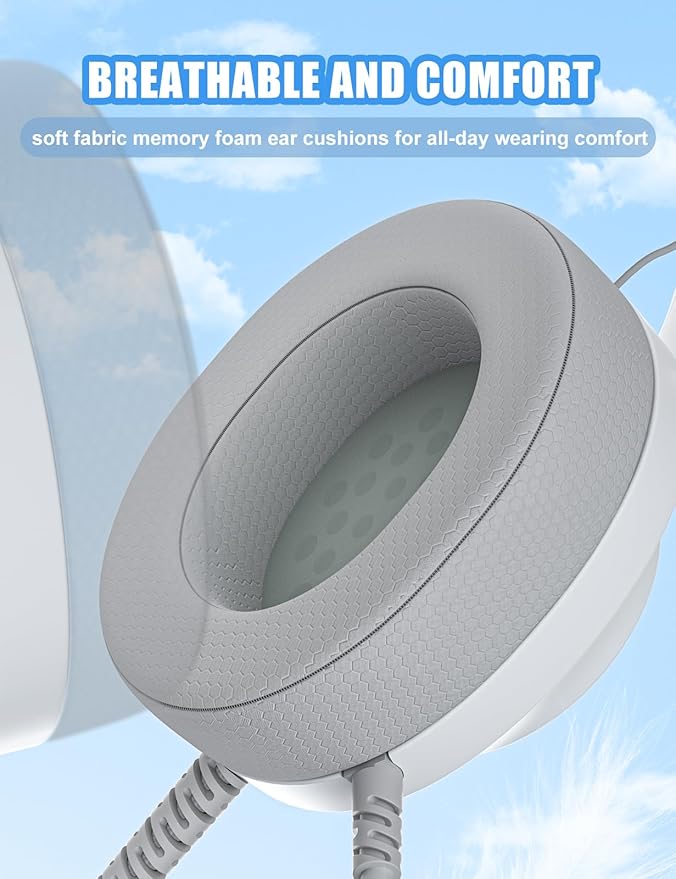WIRWTRU S30 Gaming Headset with Microphone,198g Lightweight Design, Wired Gaming Headphones for Xbox, Xbox Series X|S, PS5, PS4, Switch, PC, Noise Cancelling Mic, Soft Earmuffs (White)