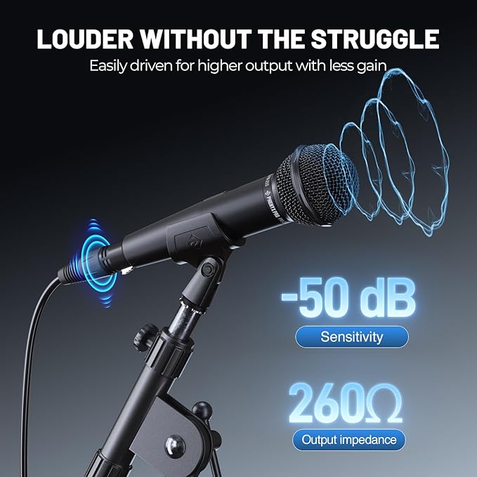 Phenyx Pro Dynamic Vocal Microphone, Cardioid Microphone with ON/Off Switch, 16.4 ft XLR Cable, Mic Clip, Storage Bag, Wired Handheld Mic for Singing, Stage, Studio, Karaoke (PM-25S)
