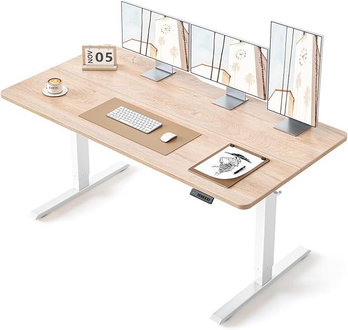 BANTI 63 × 28 Inches Standing Desk, Ergonomic, Electric Height Adjustable, Sit and Stand Up, Computer Desk with a Deeper Desktop, White Frame/Maple Top