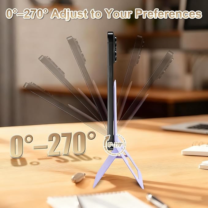 Magnetic Phone Stand, Compatible with All Smartphones 17/16/15/14/13/12 Series, Slim PU Leather Desk Stand with Multi-Angle Adjustment, Portable & Includes 1 Strong Magnetic Ring for Any Phone(Purple)