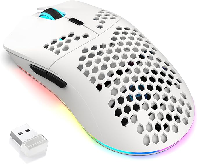 FREEWOLF X HXSJ T66 Wireless Gaming Mouse Tri-Mode Superlight Honeycomb Design PAW3212 3600DPI Sensor 1000Hz Polling Rate Bluetooth/2.4Ghz/Wired Ergonomic PC Mice RGB Light Programmable Buttons-White