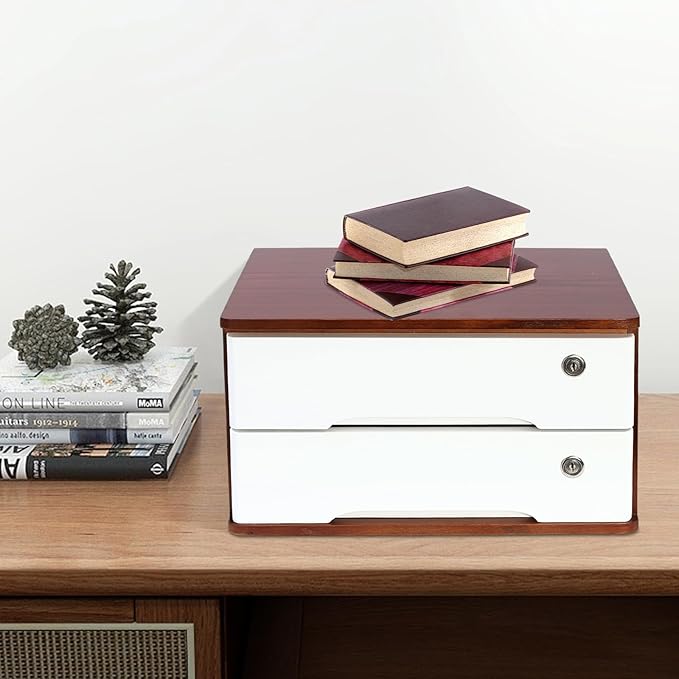 Lockable Desk Organizer Wooden Desktop Drawers Office Flat Files Storage Box Locking Countertop Storage Cabinet (Walnut + White, 2-Tier)
