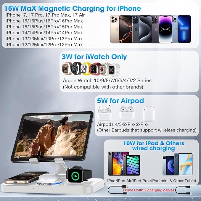 6 in 1 Wireless Charger for Apple Device, 30W Foldable Wired Charging for ipad with Clock & 7 Color Ambient Light, Nightstand Charger Station for iPhone 17/16/15/iWatch Series/AirPods 4/Pro 3(White)