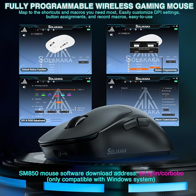 SOLAKAKA SM850 Gaming Mouse Wireless, 24000 DPI, 55g Lightweight Mouse Gaming, 6 Programmable Buttons, Ergonomic Computer Mouse, Tri-Mode BT5.1/2.4G/USB-C 250h Battery Life PC Gamer Mice for Laptop