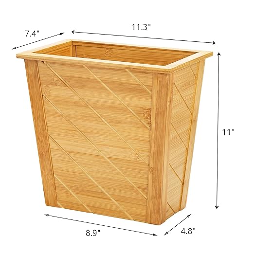 Frcctre Bamboo Waste Basket, Rectangular Compact Waste Trash Can Garbage Bin Built-in Handles Brown Container Bin for Bedroom, Office, Living Room, Kitchen, Bathroom