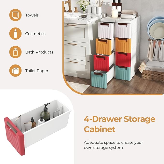 Giantex 4 Drawers Storage Cart, Narrow Plastic Dresser, Rolling Organizer Cart for Office Classroom Bedroom Bathroom Art Craft Supplies, Mobile Slim Utility Cart on Wheels, Multicolor