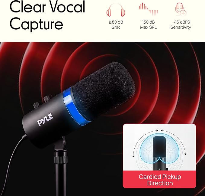 Pyle Dynamic Microphone, Dual Input USB/XLR Podcast Recording, PC Streaming Studio Mic with RGB Light, Mute Button, Desktop Stand, Headphone Jack, & Volume Control - Gaming & Voice-Over (PDMIC7B)