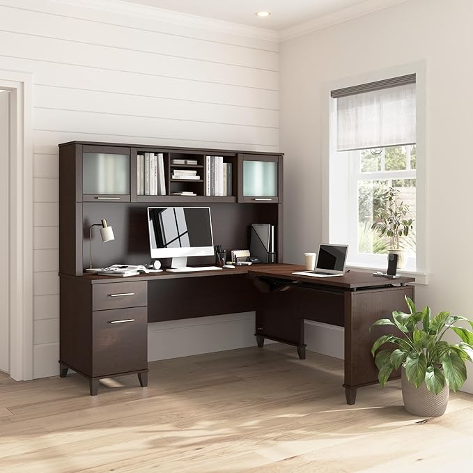 Bush Home Somerset 72W 3 Position Sit to Stand L Shaped Desk with Hutch in Mocha Cherry | Adjustable Height Table for Home Office