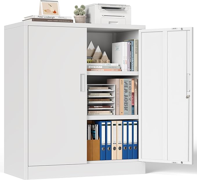 Metal Storage Cabinet, 36" H Locking Storage Cabinet, Metal Cabinets with Doors and 2 Adjustable Shelves for Home, School, Office, Garage, White