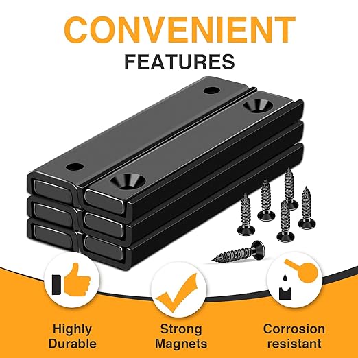 TRYMAG Neodymium Rectangular Magnets 80Lbs, 60 x 13.5 x 5mm Strong Black Bar Magnets with Countersunk Hole and Steel Capsule, Heavy Duty Industrial Rare Earth Magnets with Screw for Mounting, 6 Pack