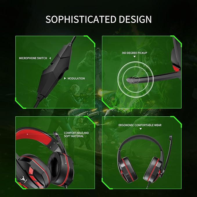 Kikc PS4 Gaming Headset with Mic for Xbox One, PS5, PC, Mobile Phone and Notebook, Controllable Volume Gaming Headphones with Soft Earmuffs for Kid (Red)