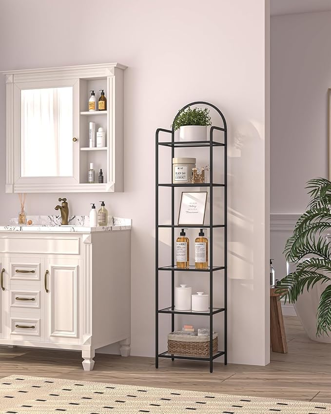 Hzuaneri Bookcase Bookshelf, Tempered Glass Bookshelves, Slim Shelving Unit for Bedroom, Bathroom, Home Office, Steel Frame, 6 Tier Black BC10601B