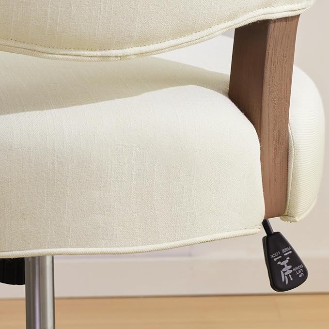 HUIMO Upholstered Swivel Desk Chair Chenille Tufted Fabric Home Office Chair with Wheels Adjustable Height Classic Task Chair with Wooden Legs Comfortable Armless Chair for Studio Study (Cream)