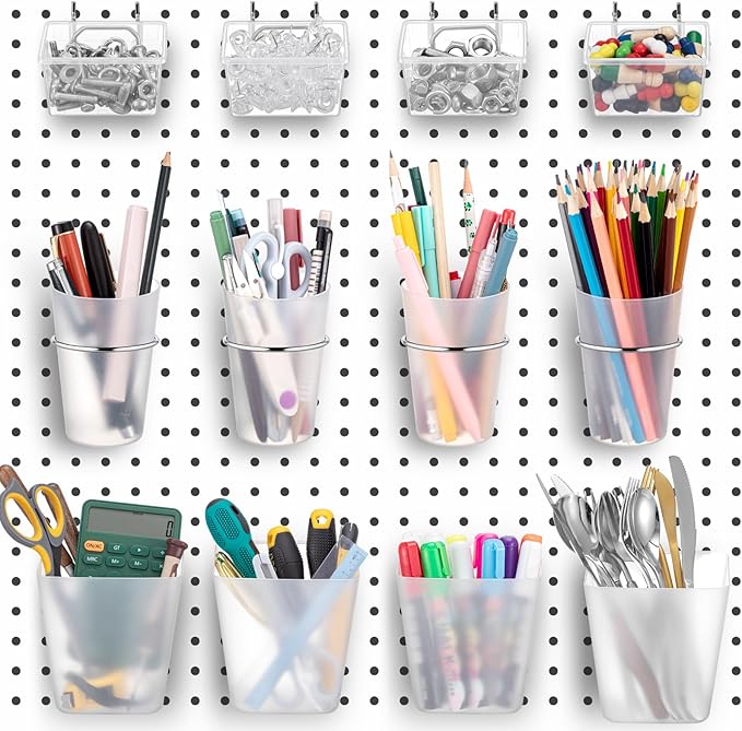 Jinei 12 Pcs Pegboard Bins and Cups with Hooks and Loops Peg Assortment Organizer Accessories Various Tool Organizer Pegboard Basket Set for Garage Workshop Workbench Office(Translucent)