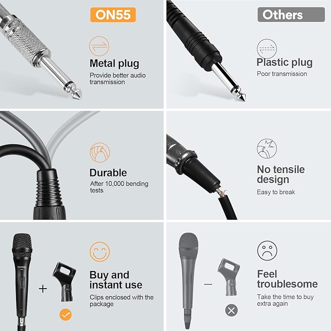 OneOdio ON55 Wired Microphone for Singing - Mic Clips, Metal Female, ON/Off Switch, 16.4ft XLR Cable - Condenser Dynamic Mic for Karaoke Machine, AMP, Speaker, Parties