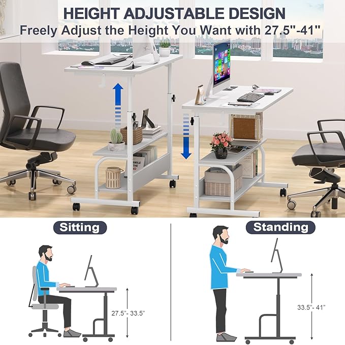 Armocity Rolling Standing Desk with Power Outlets, 32" Manual Height Adjustable Mobile Computer Desk with Wheels, Small Portable Sit Stand Laptop Couch Table for Bed & Sofa Home Office, Whtie