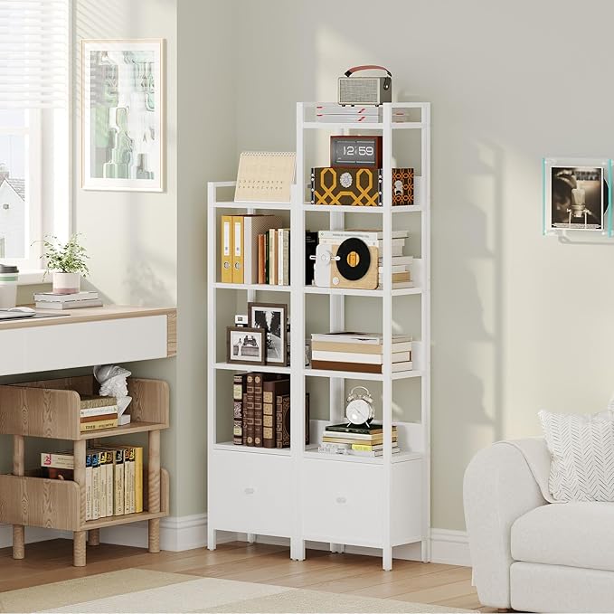 MAHANCRIS Bookshelf, 6-Tier Bookcase with Drawer, Small Book Shelf for Small Space, Storage Shelf Organizer, for Living Room, Bedroom, Study, Kitchen, White BKWT66101