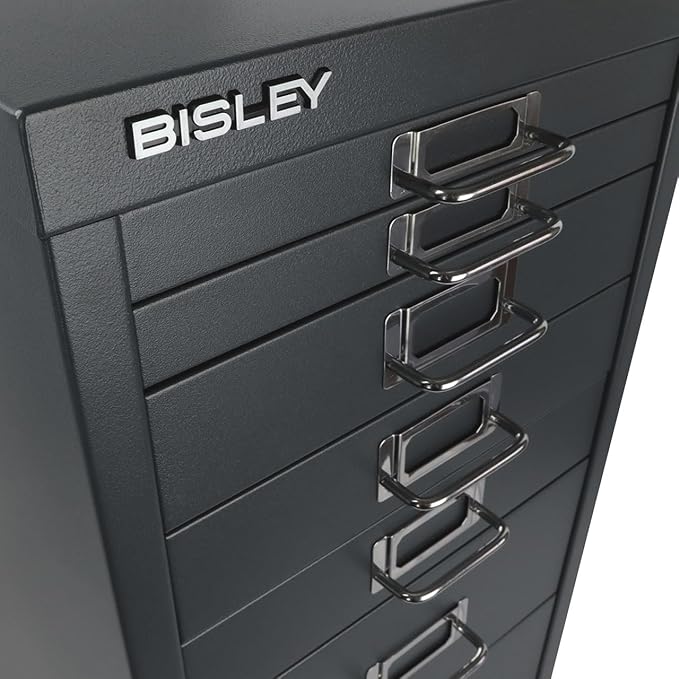 Bisley 8-Drawer Steel MultiDrawer Cabinet - Anthracite Grey, Chrome Pull Handles with Label Holders, Powder-Coated Steel, Removable Drawers, Fits Under Most Desks, Labels Included