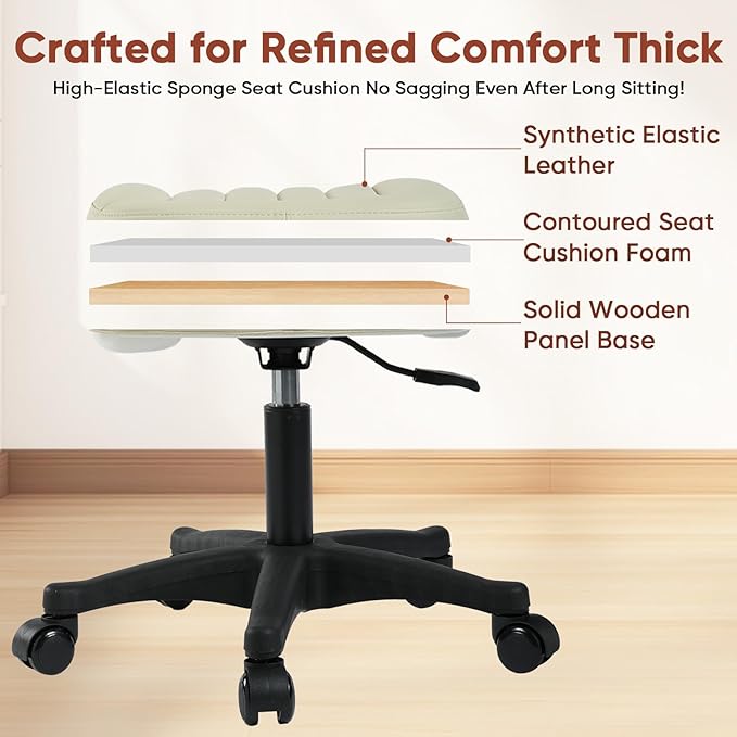 Height Adjustable Foot Stool,Large Seat Under Desk Footrest,Swivel Rolling Chair Sturdy Wheels,Ottoman Stool Simple Meeting Chair for Home Office,Creamywhite