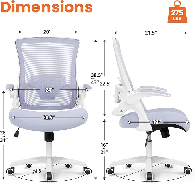 NEO Chair Office Desk Gaming Chair Computer High Back Mesh Seat with Rolling Wheels Ergonomic Adjustable Comfy Flip-up Armrests Lumbar Support Height for Home (Purple)