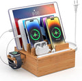 Pezin & Hulin Bamboo Charging Station Holder with 5 Port USB Charger, 5 x Charge Cables, Watch Stand, Wood Docking Stand Electronic Organizer for Multiple Devices, Phones, Tablets and Earpods