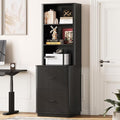 ONBRILL 71" Tall Fluted Bookcase with 2 File Drawers, Curved Design Display Bookshelf with Storage, Mid-Century Modern 3 Tier Bookcase with Sturdy Pedestal for Home Office, Living Room, Black