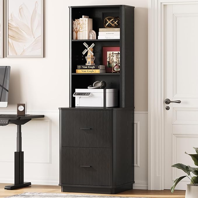 ONBRILL 71" Tall Fluted Bookcase with 2 File Drawers, Curved Design Display Bookshelf with Storage, Mid-Century Modern 3 Tier Bookcase with Sturdy Pedestal for Home Office, Living Room, Black