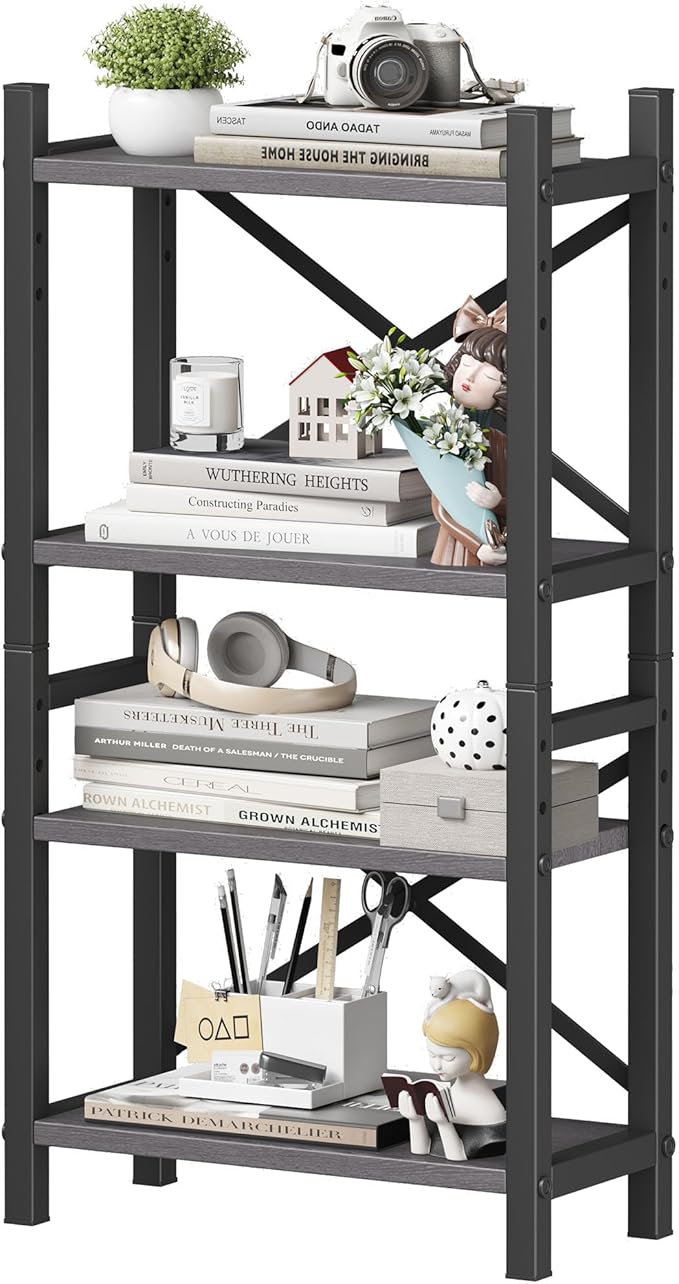 Desktop Bookshelf, 4-Tier Stackable Narrow Bookcase, Adjustable Industrial Desk Organizer & Hutch - Rustic Brown Wood Desktop Book Organizer for Living Room, Bedroom & Home Office