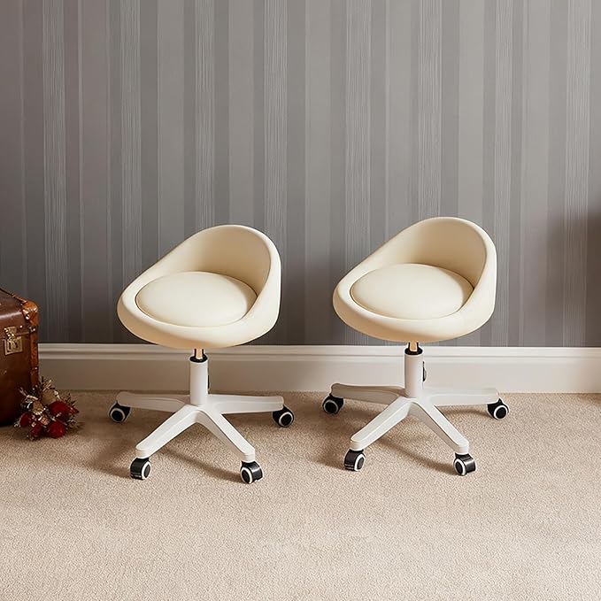 Swivel Rolling Stool with Wheels, Height Adjustable PU Leather Drafting Chair, Round Seat for Salon, Spa, Tattoo, Office, Home Use Beige Set of 2