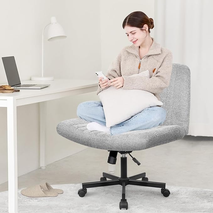 Orange Factory Criss Cross Chair Wheels Wide Cross Legged Office Desk Vanity Chair Comfy Fabric Armless Adjustable Swivel for Home Computer Task (Grey Wheel, Fabric)