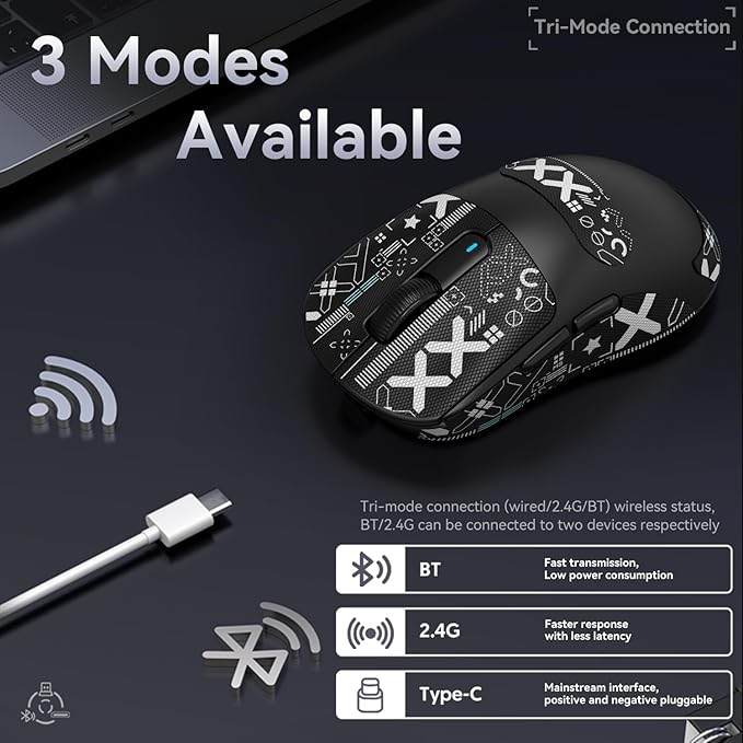 MAMBASNAKE Attack Shark X3 Wireless Gaming Mouse, 49g Ultralight, PixArt PAW3395 26000 DPI, Bluetooth/2.4Ghz /Wired Tri-Mode, 200Hrs Rechargeable Battery, Kailh GM8.0 Switch for PC/MAC/Win Black&Tape