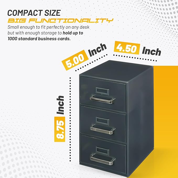 Desktop Mini Filing Cabinet | Business Card Organizer & Storage | Desktop Organizer | 3 Drawers | Gray | 8.75H x 4.5W x 5D inches (Pencil Case Not Included, For Size Reference Only)