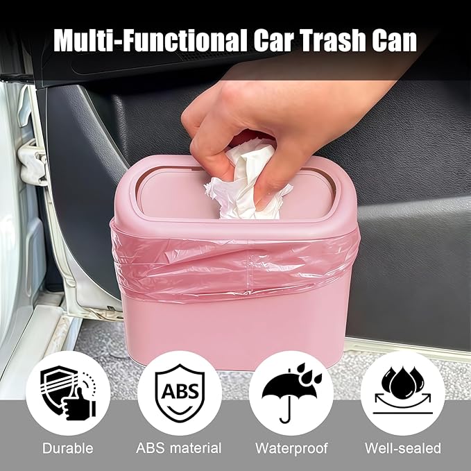Car Small Trash Can with Lid, Leakproof Mini Car Garbage Can, Waterproof Push Button Easy Empty, Suitable for Desktop Office Bedroom Dorm Home Vehicle with 75 PCS Plastic Trash Bag (Pink)