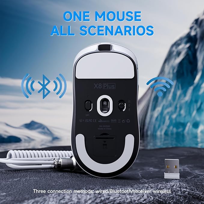ATTACK SHARK X8Plus 55g Superlight Wireless Gaming Mouse with 40K DPI,PAW 3395PRO Sensor, Broadcom BK52820 Chip,HUANO Switch,Web Driver,Tri-Mode Fit Large Hand Mice with RGB Cable -White