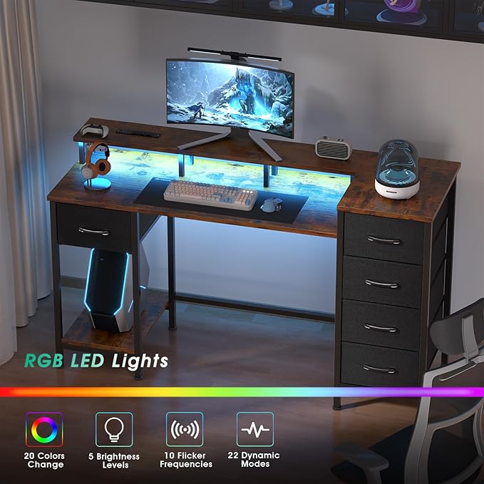 Korfile 47 Inch Gaming Desk with Power Outlets and LED Lights, Reversible Computer Desk with 5 Fabric Storage Drawers, Home Office Desk with Monitor Stand for Working Writing Study, Rustic Brown