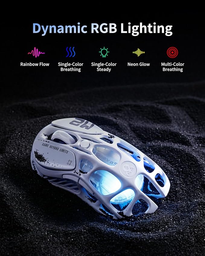 GravaStar Mercury M2 Wireless Gaming Mouse with 26,000 DPI, PAW3395DM Sensor -79g Lightweight Hollowed-Out Design -5 Programmable Buttons -5 Dynamic Lightsync RGB (White)