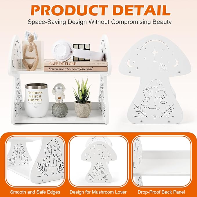 Mushroom Desk Shelf Cottagecore Decor for Storage, Cute Wooden Book Shelf Desktop Display Shelves Organizers, White Mushroom Accessories for Women, Kids