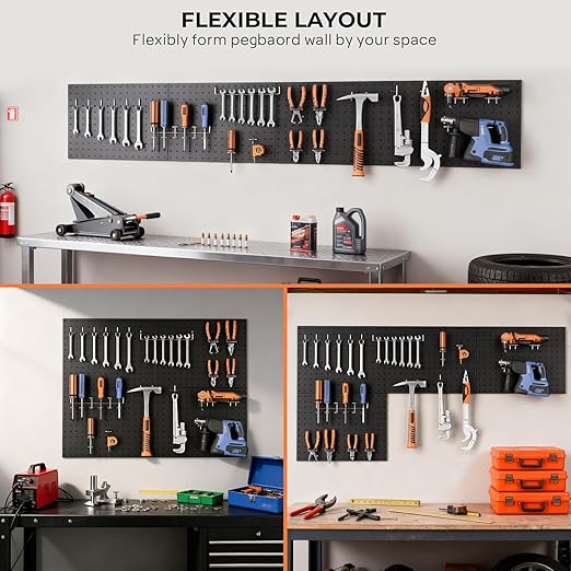 INCLY 4 Pack Peg Board, 12"x16" Upgrade Heavy Duty Metal Pegboard Panels, Black Pegboard Wall Organizer, Peg Board Panels for Walls Home, Garage Tools Storage, Shed, Craft Room, Office, Kitchen