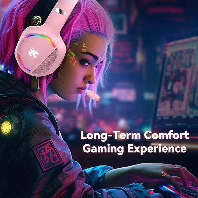 Gaming Headset with Microphone for Pc, Xbox One Series X/s, Ps4, Ps5, Switch, Stereo Wired Noise Cancelling Over-Ear Headphones with Mic, RGB, for Computer, Laptop, Mac, Nintendo (Pink)