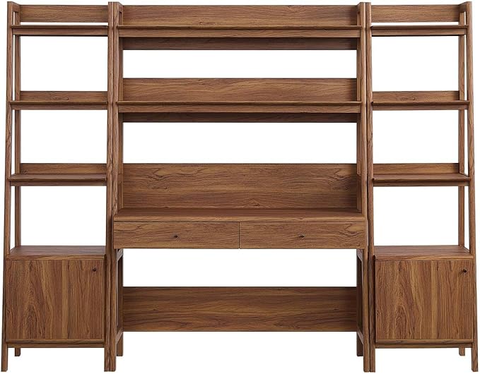 Modway 3-Piece Home Office Desk and Bookshelf Display Case in Walnut