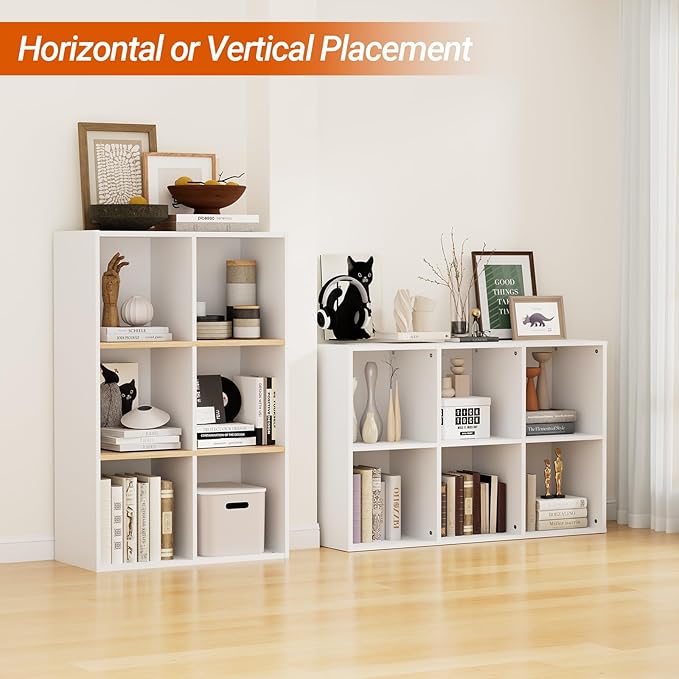 Wooden 6 Cube Storage Organizer with Closed Back Panel, Modern Open Cube Storage Shelf Bookshelf with Compartments, Cube Shelf Organizer for Living Room, Bedroom, Study Room (White)