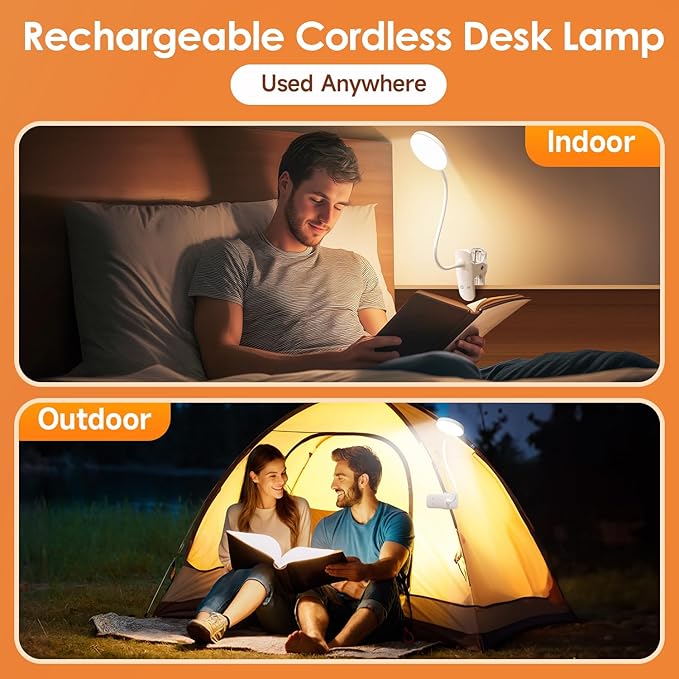 Mubarek Desk Light,3600mAh Battery Operated Light,5 Brightness+5 Color Clip on Reading Lamp,400LM 36 LED Desk Lamp with Clamp,Rechargeable Lamps Cordless Lamps, Reading Lights for Books in Bed,Table